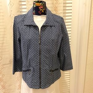 Chico’s Zip Front Blue/White printed Jacket Size 2